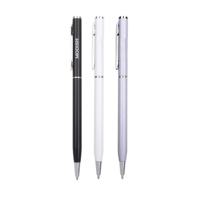 A collection of three Aluminium Cross Pens in black, white, and silver, featuring a logo on one pen.