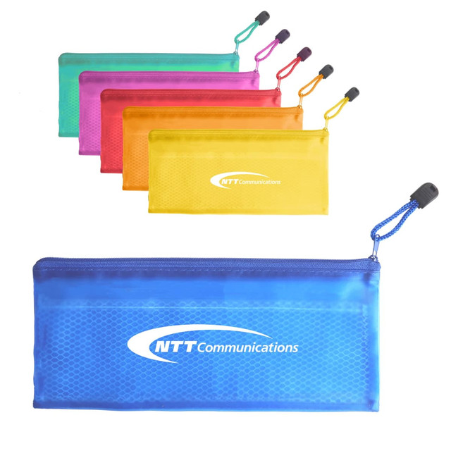 A set of colourful A6 zippered pouches in blue, orange, pink, green, and yellow, featuring a logo.