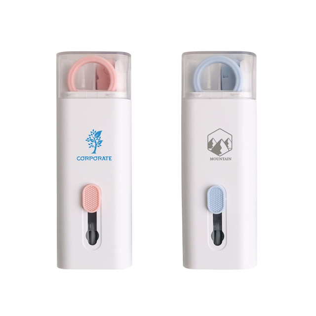 Two white cleaning kits with pink and blue caps, featuring a button and a small window to view contents. Each has a logo.