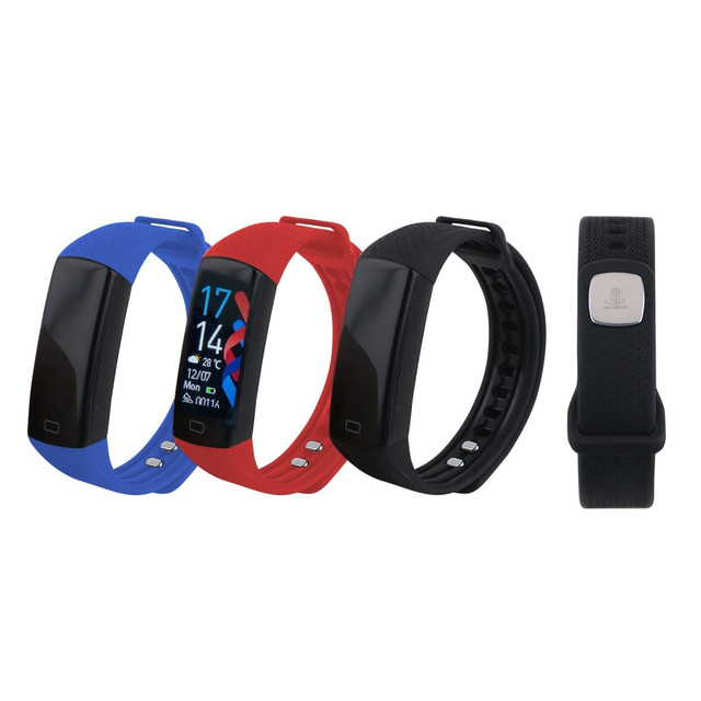 A multifunctional smart band in blue, red, and black, featuring a display and a logo on the strap.