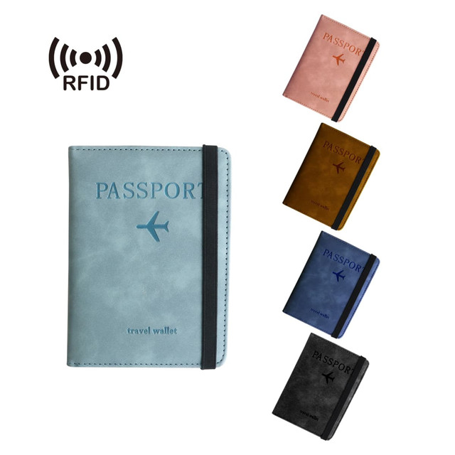 A collection of RFID multifunctional PU leather passport holders in blue, brown, orange, and black, featuring a logo.