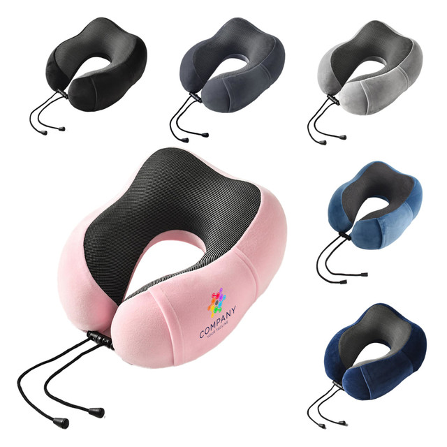 A collection of U-shaped travel pillows in black, grey, pink, navy, and blue, featuring a soft, textured fabric and a logo.
