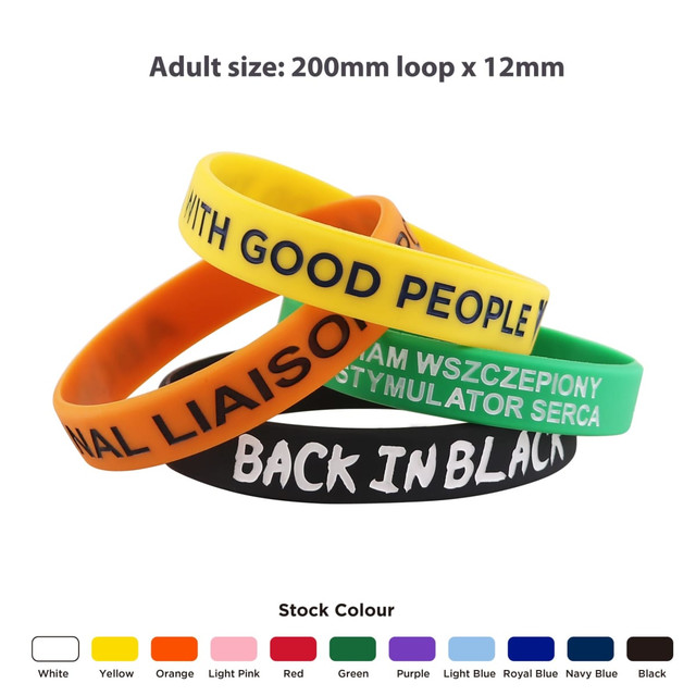 Debossed wristbands in white, yellow, orange, green, and black, featuring a logo and various text designs.