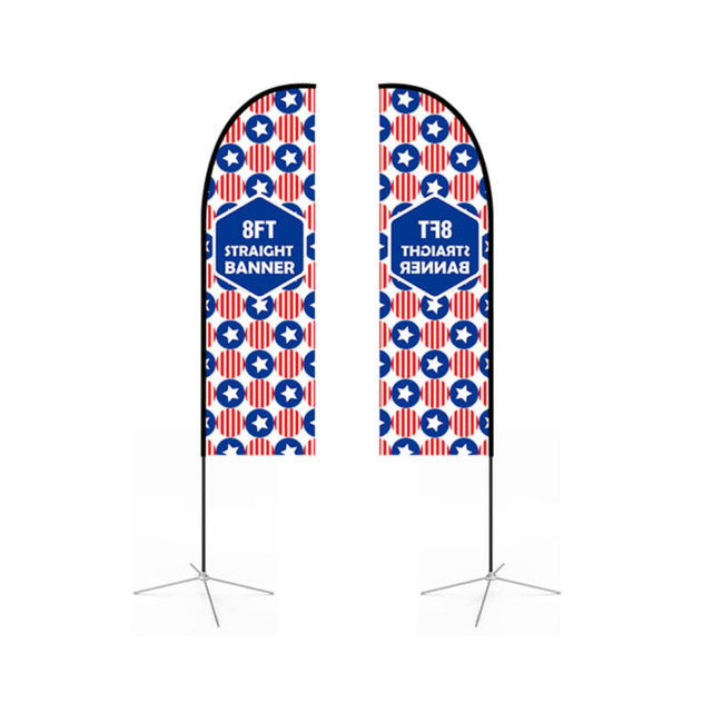 Two straight feather banners, featuring a red, white, and blue pattern with a logo, stand on black bases.