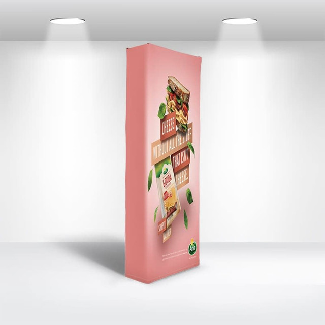 A straight fabric popup display featuring a sandwich and cheese design, with a pink background and a logo.