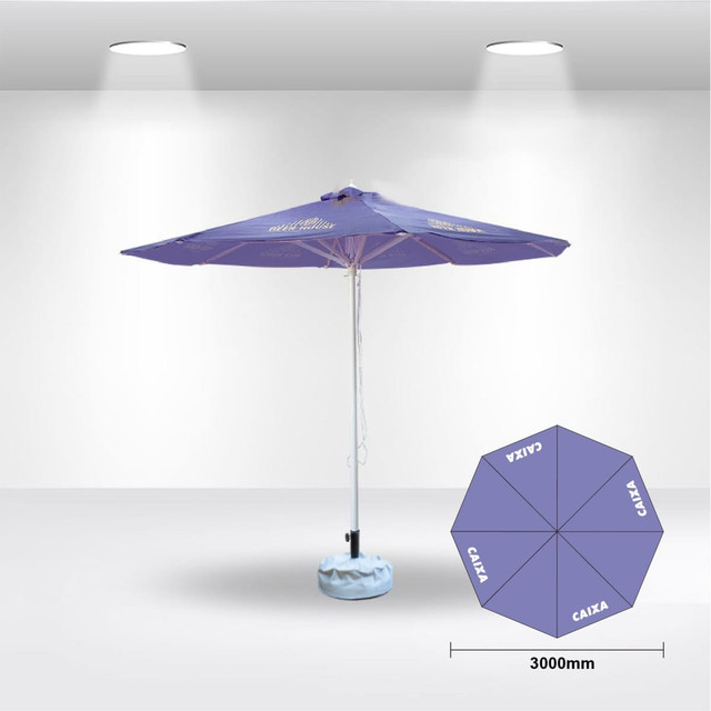 A purple 3x3m round market umbrella with a base, featuring a logo and set in a bright indoor space.