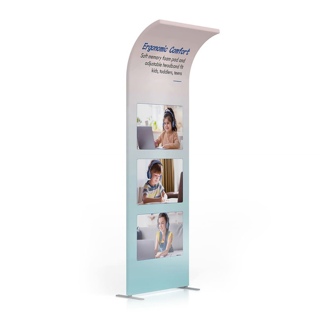 A curved fabric banner stand featuring images of children using headsets, with a gradient blue and white design.