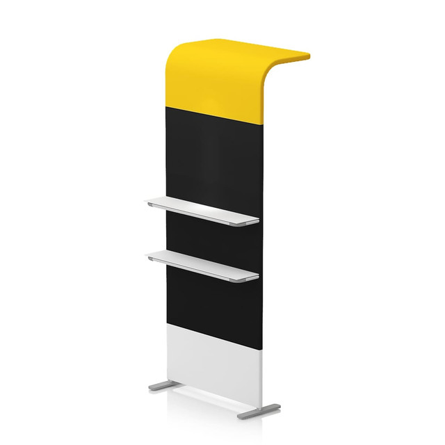 A promotional display stand featuring black, yellow, and white colours with three shelves for products.