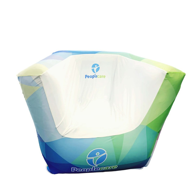 An inflatable one-seat sofa in blue and green with a white interior and a logo printed on it.