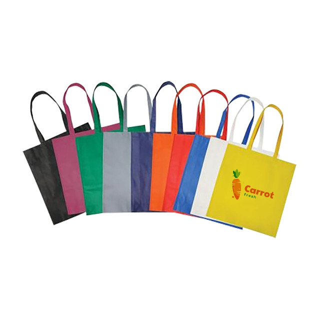 A range of non-woven long handle bags in various colours, featuring a logo on one bag.