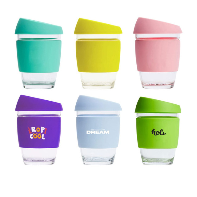 A collection of six reusable glass coffee cups in teal, yellow, pink, purple, light blue, and green, each with a lid and branding.