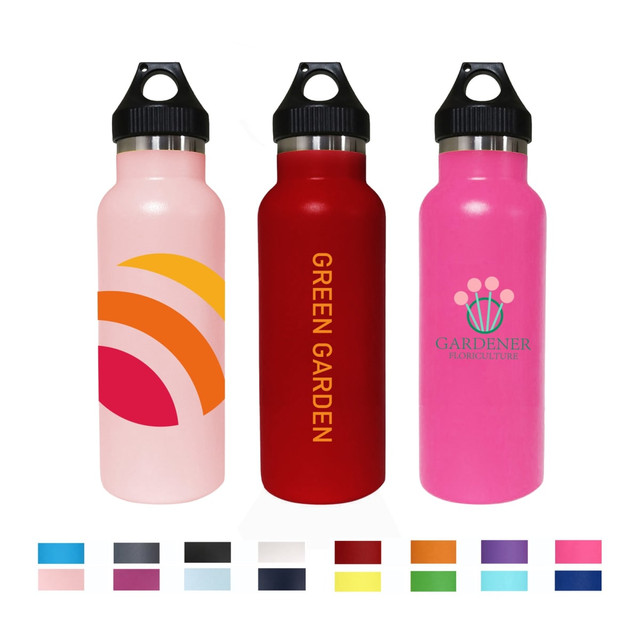 A drink bottle collection featuring pink, red, and a bottle with multi-coloured designs, all with a PP lid and logo.