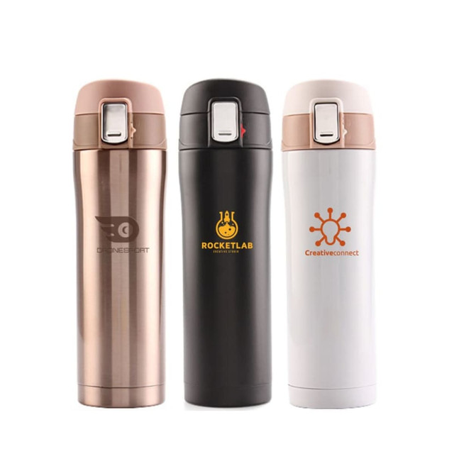 A drink bottle set featuring three stainless steel flasks in rose gold, black, and white, each with a logo.