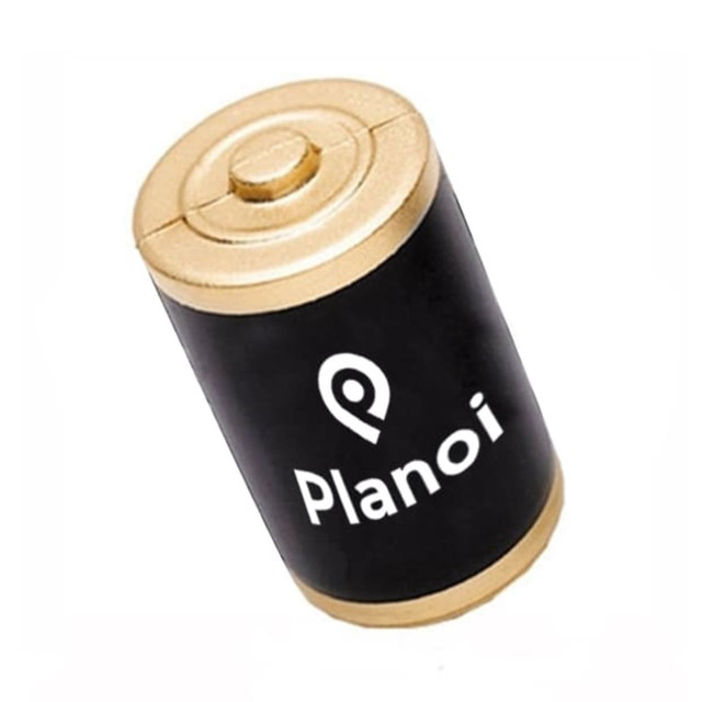 A black and gold battery-shaped stress reliever with a logo on the side.