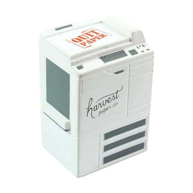 A white photocopier-shaped stress reliever with grey accents and a logo on the side.