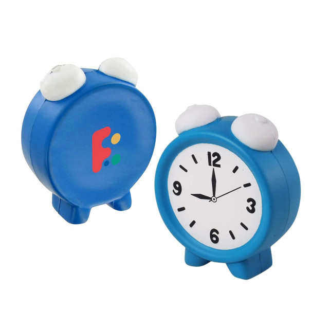 A blue alarm clock-shaped stress reliever with cartoonish eyes and a clock face, featuring a logo on one side.