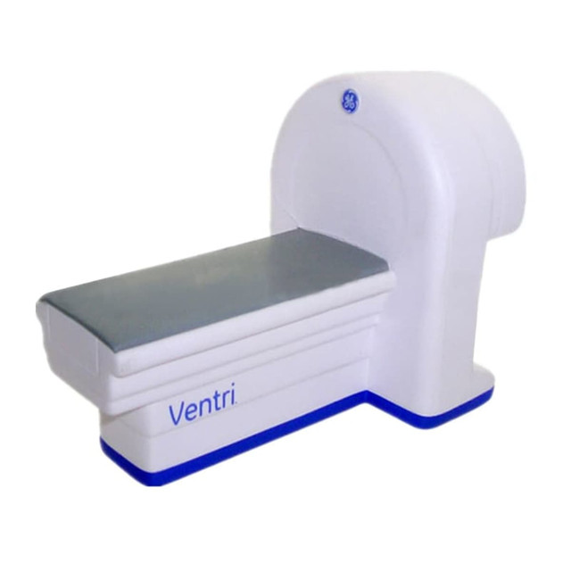 A scanner machine shape stress reliever in white and grey, with a blue base and branding.