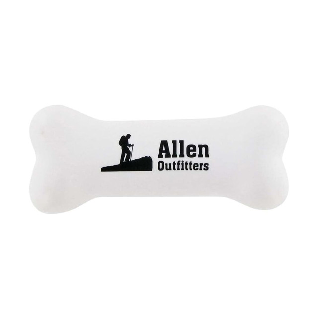 A white bone-shaped stress reliever with a logo printed on it. Ideal for fun and games or stress relief.