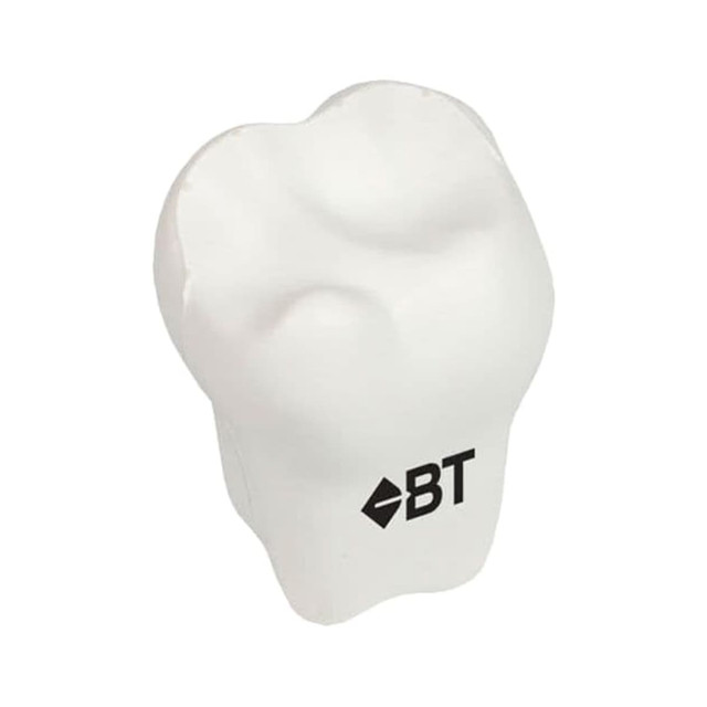 A white tooth-shaped stress reliever with a logo, designed as a fun keyring accessory.