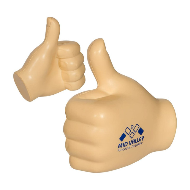 A beige fist-shaped stress reliever with a thumb-up design and a logo. Ideal for stress relief activities.