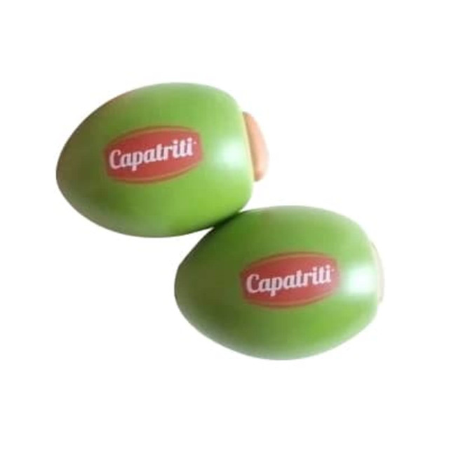 Two green olive-shaped stress relievers with a logo. They are smooth and designed for relaxation and fun.