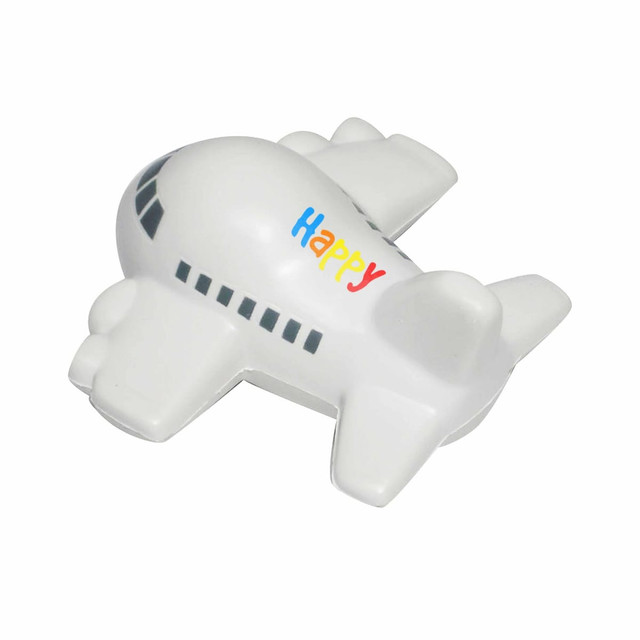 A white aircraft-shaped stress reliever with multi-coloured lettering and detailing resembles an airplane.