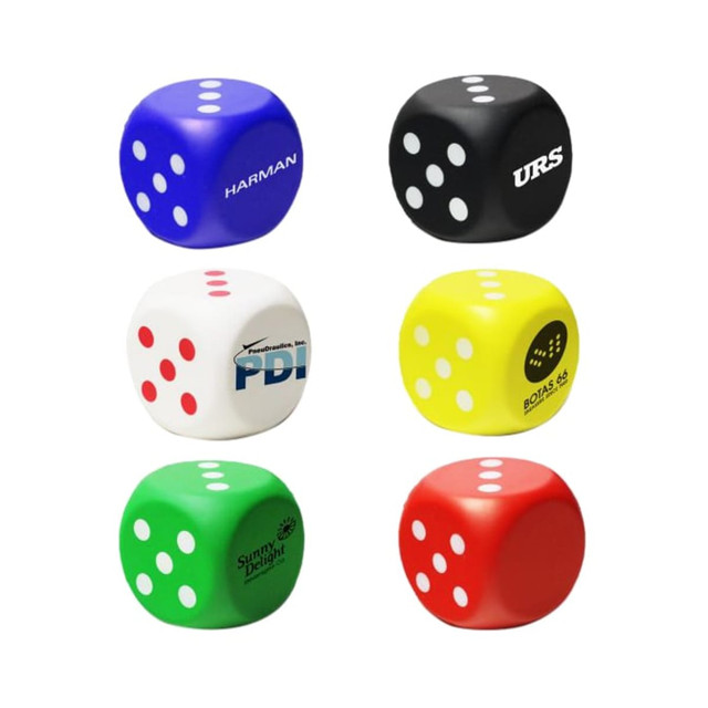 A collection of six stress reliever dice in blue, black, white, yellow, green, and red, each featuring different branding.