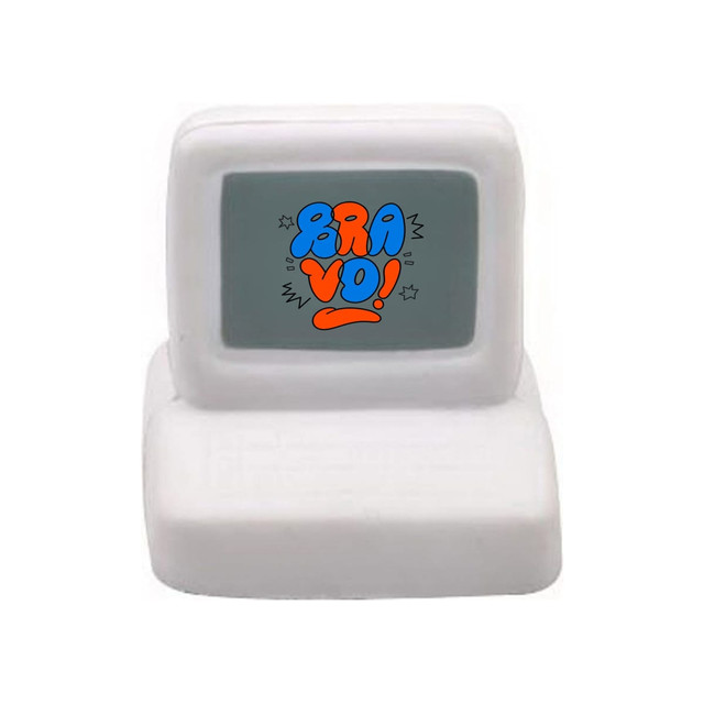 A white computer-shaped stress reliever with a screen design and a colourful logo.