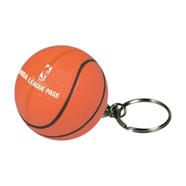 A keyring featuring an orange basketball stress item, with a logo on its surface and a metallic keyring attachment.