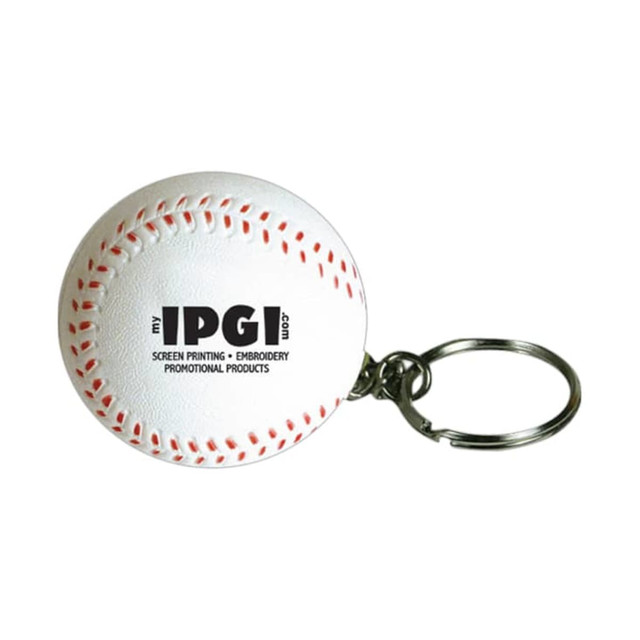 A white baseball stress reliever keyring with red stitching and a branded logo.