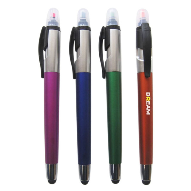 A set of four pens featuring a pen and highlighter, in purple, blue, green, and red colours, with a logo on one.
