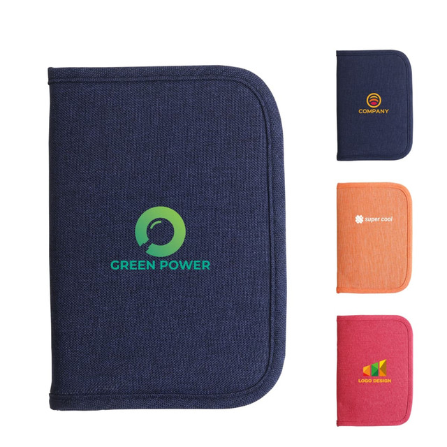 A navy passport holder with a logo, alongside orange, pink, and red passport holders in different colours.