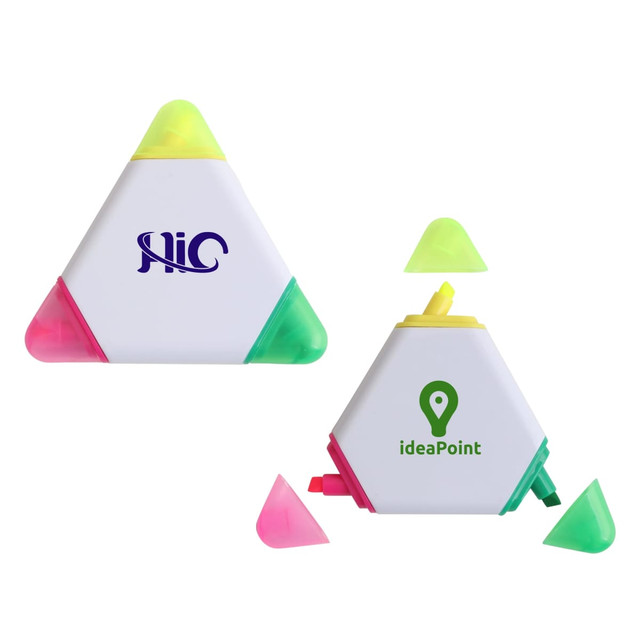 A triangular highlighter pen in white with pink, yellow, and green ends, featuring branding on one side.