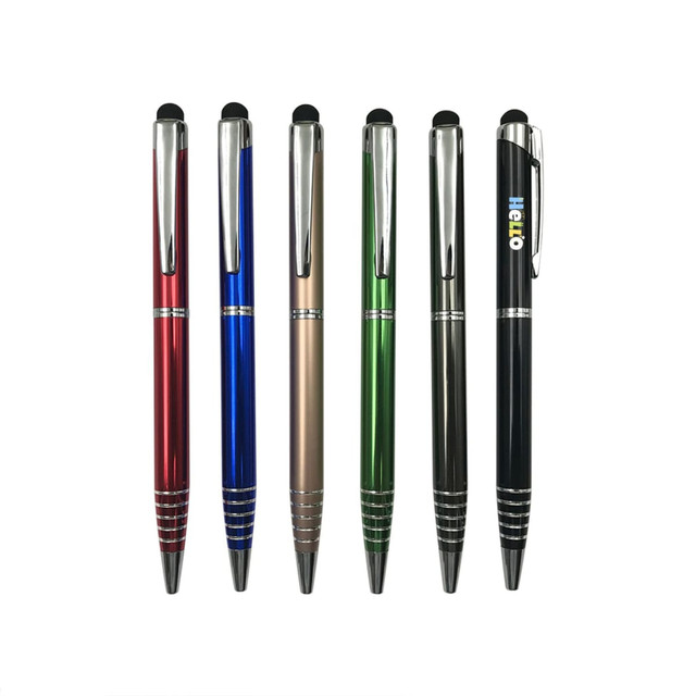 A collection of six stylus pens in red, blue, green, gold, black, and silver, each featuring a logo.