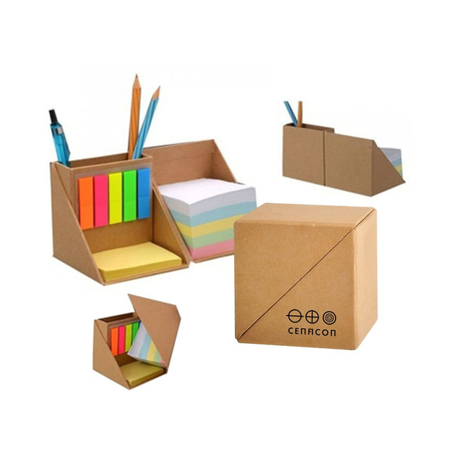 A cube memo set in brown with coloured sticky notes, a notepad, and a holder for pens and pencils.