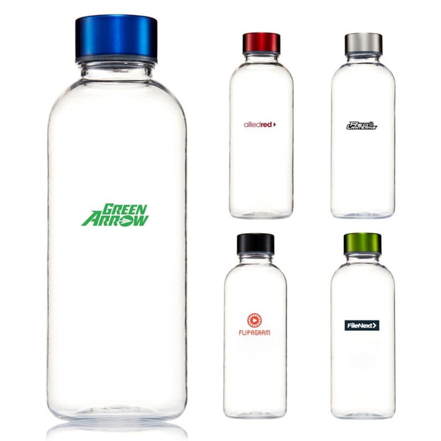 A drink bottle with a transparent body and a blue lid, featuring a green logo, alongside four similar bottles with different lids and logos.