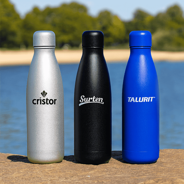 A drink bottle trio featuring a silver, black, and blue stainless steel design, each with a logo.