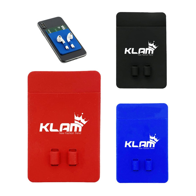 Three silicone phone wallets in red, black, and blue, featuring slots for holding items, with branding visible.