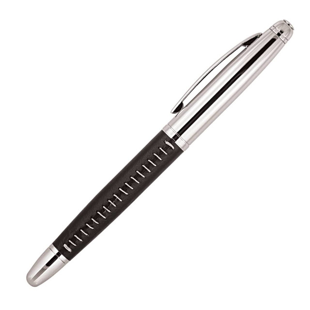 A sleek silver rollerball pen with a black grip and chrome details, featuring a branding logo.