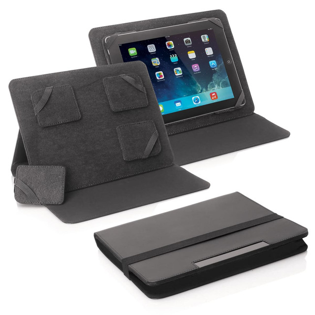 A black tablet folder featuring a sturdy stand, inserts for securing a device, and a smooth exterior finish.