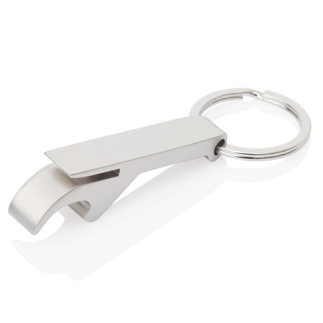 A drink bottle opener in a sleek silver design with a keyring attachment. It features a minimalist, modern style.