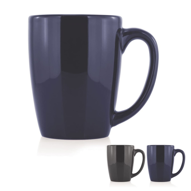 A ceramic mug in navy blue with a smooth finish and a sturdy handle, featuring a brand logo on one side.