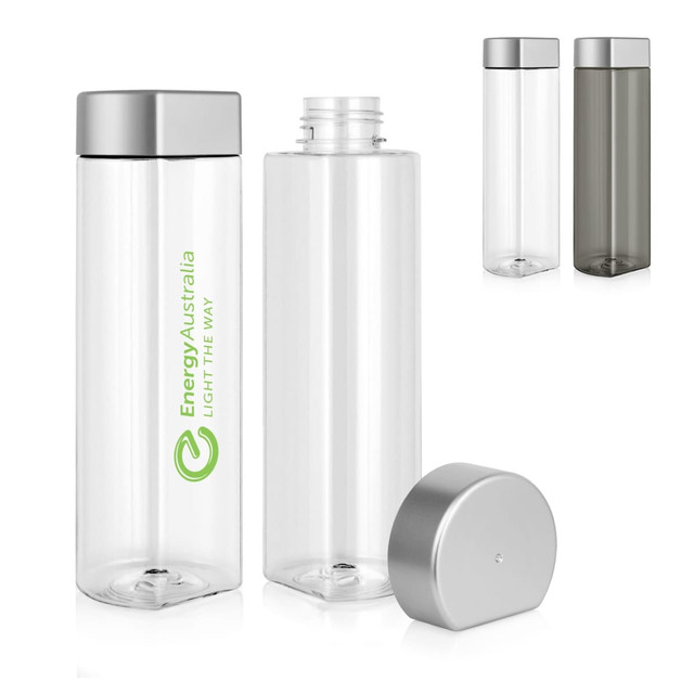 A drink bottle with a transparent body, silver cap, and a logo on the side, available in various colours.