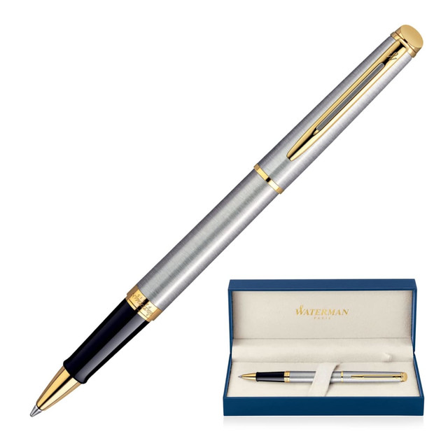 A brushed stainless steel rollerball pen with gold accents, displayed in a blue gift box.