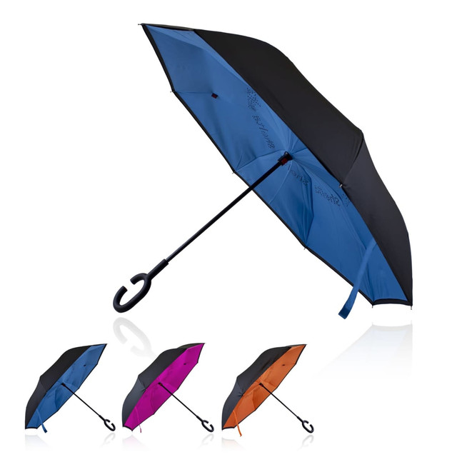 An umbrella featuring a blue and black double canopy design, with a curved handle and three additional colour variations below.