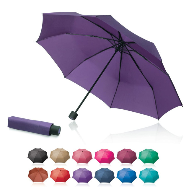 A purple folding umbrella with a compact handle, accompanied by a variety of colour options below.
