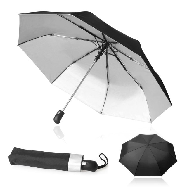 A black and silver umbrella, 60cm, features automatic opening and a compact design for easy storage.