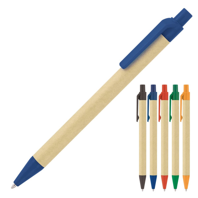 An eco-friendly ballpoint pen with a recycled paper body and a blue top. Available in multiple colours.