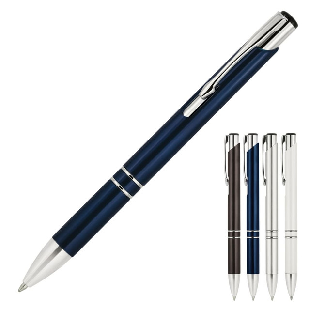 A ballpoint pen named "Julia" in navy blue, with silver accents, alongside three other colour variations.