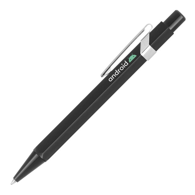 A black hexagonal ballpoint pen with a silver clip and a logo. A black hexagonal ballpoint pen with a silver clip and a logo.